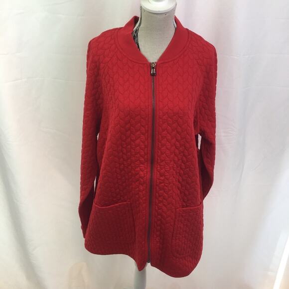 Isaac Mizrahi Live Jacquard Cable Knit Jacket Red - Picture 3 of 11